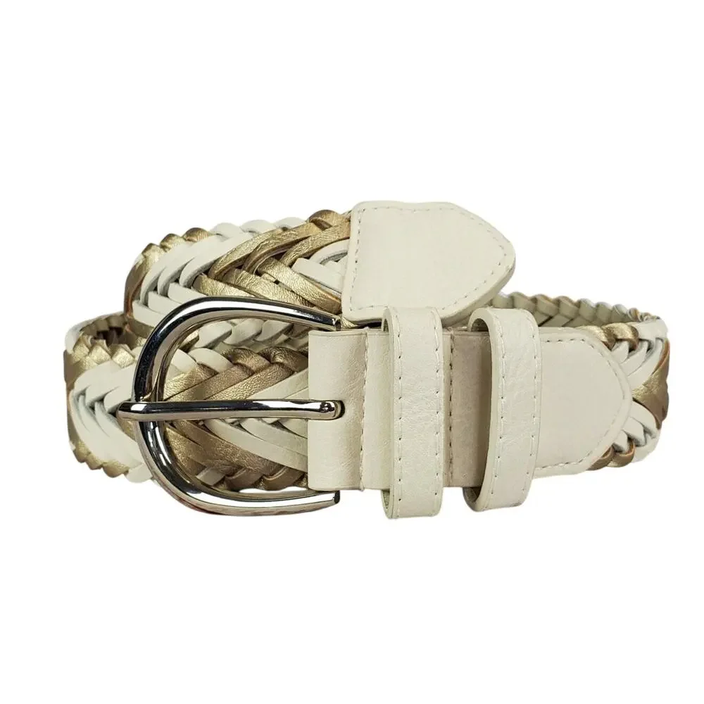 Leather Belt White Gold Silver Tone Buckle Classic Braided Adjustable 1.5 X 37.5